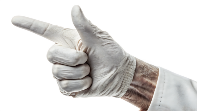 Hand in white glove pointing gun gesture isolated on a white background png generated ai