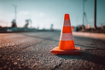 Vibrant orange traffic cone on empty textured road surface in urban setting