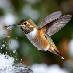 Fototapeta premium A hummingbird is flying over a glass of water