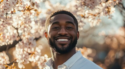 Smiling man with short hair and beard in spring setting