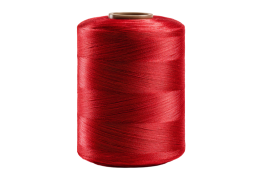 A red spool of thread is shown on a white background