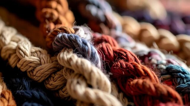 Close up on a multi-colored hand woven textile, featuring intricate braided patterns with texture and warm, earthy tones under soft studio lighting.