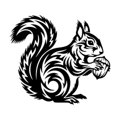 Stylized Squirrel with Acorn - Black and White Vector Illustration