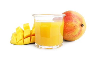 Tasty mango juice in glass and fresh fruits isolated on white
