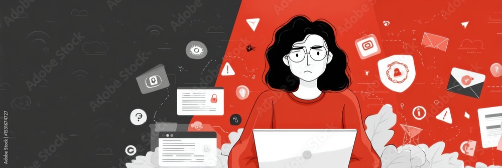 Poster user experiences an online phishing attack surrounded by scam icons in a digital environment