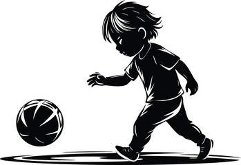 Silhouette of Boy Running After Basketball in Vintage Style Illustration