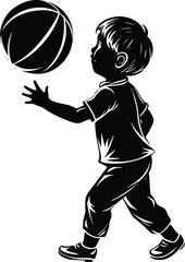 Silhouette of Boy Throwing Basketball in Classic Vintage Style Illustration