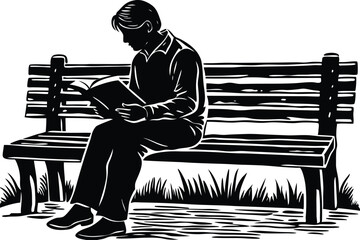 Silhouette of Boy Reading Book on Wooden Bench, Black and White Vector Illustration
