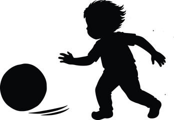 Silhouette of Child Running After Ball, Playful Toddler Activity Vector Art