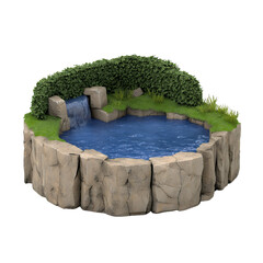 Elevated View of Serene Blue Pond Surrounded by Stones and Greenery with Transparent Backdrop