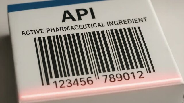 Active pharmaceutical ingredient API label with barcode scanning for accurate identification and tracking in medication packaging ensuring quality and safety in pharmaceutical processes