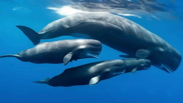 Sperm Whale Family Swimming Underwater