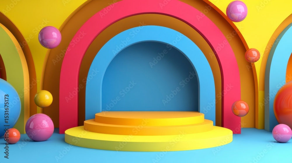 Poster Colorful arched background with a three-tiered platform and floating spheres.