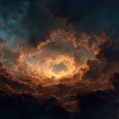 Fototapeta premium Dramatic clouds swirl around a fiery light source