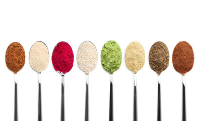 Different superfood powders in spoons on white background, collage. Top view