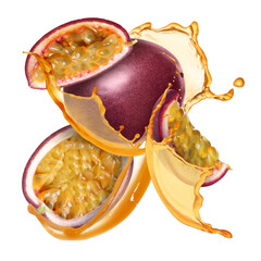 Tasty passion fruits with juice in air on white background