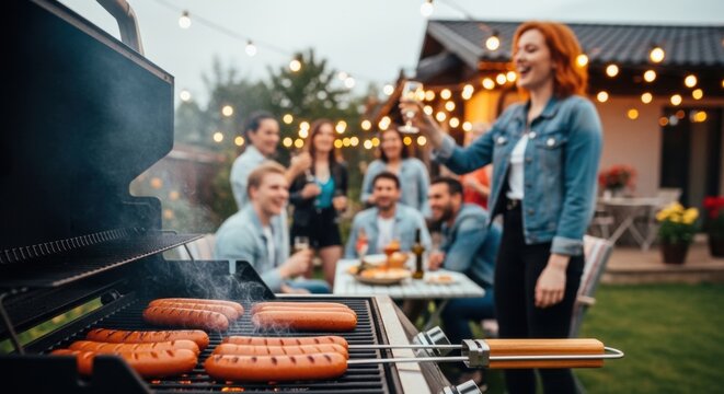 Celebration of national hot dog month with friends and outdoor barbecue gathering