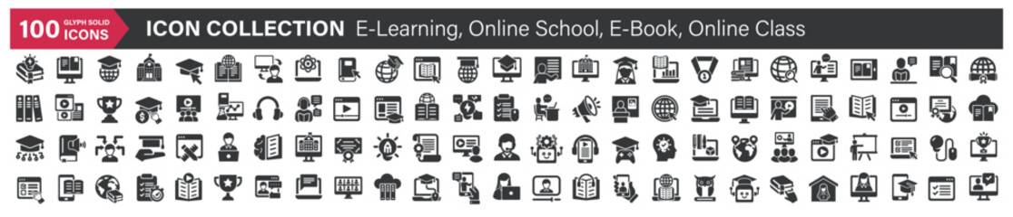 Big icons collection. Containing E-Learning, Online School, E-Book, Online Class. Glyph solid style series icon