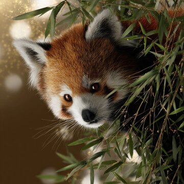 A cute red panda bear is peeking out from behind some bamboo