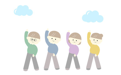 仲良く体操するシニア男女