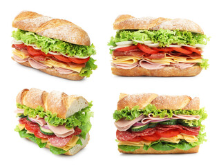 Delicious baguette sandwiches with different fillings isolated on white, collage