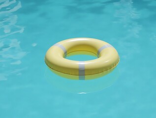A yellow life preserver floats in a blue swimming pool on a sunny day outside