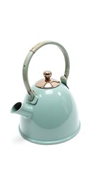 A light blue tea kettle with a silver handle on a white background space