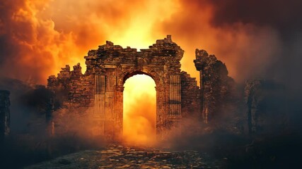 Fiery sunset illuminates ancient stone archway amidst ruined structures and fog - Powered by Adobe