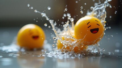 Yellow emoji toys splashing in water creating a fun and playful scene