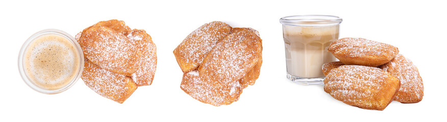 Tasty madeleine cakes on white background, collage