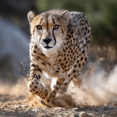 A cheetah is running through the desert, kicking up sand as it goes