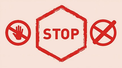 Red stop signs with hand and cross symbol in hexagon shape illustration