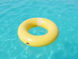 Yellow inflatable ring floating in a blue swimming pool on a sunny day time
