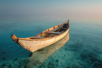 Fototapeta premium Wooden fishing boat floats peacefully on glassy turquoise water at sunrise