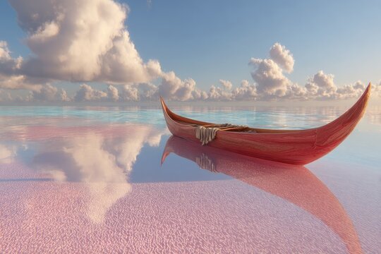 Calm pink water, red canoe, serene sky