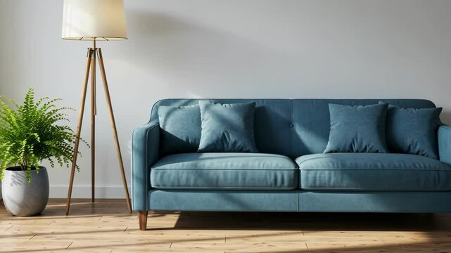 A cozy living room featuring a blue sofa and a stylish floor lamp.