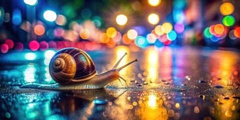 A nocturnal gastropod's journey through vibrant city lights reflected on a wet surface