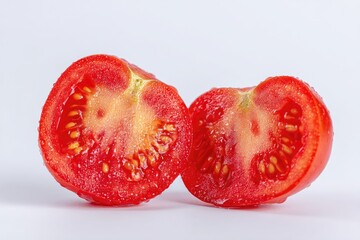 Close-up of two halves of a fresh, red tomato, showing the juicy interior
