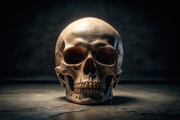 A Solitary Human Skull Rests on a Dark Surface, Illuminated by a Subtle Light Source, Evoking a Sense of Mystery and Mortality
