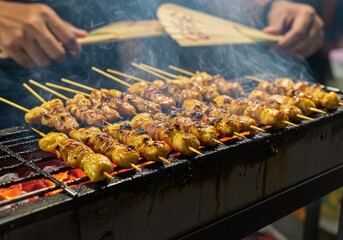 Grilled Chicken Satay Skewers on Charcoal Grill with Smoke and Fan