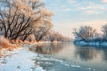 Frozen riverbank at dawn.  Trees iced, snow on ground