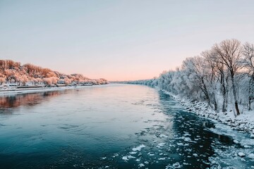 Winter sunrise over a frozen river. Trees covered in frost line the banks