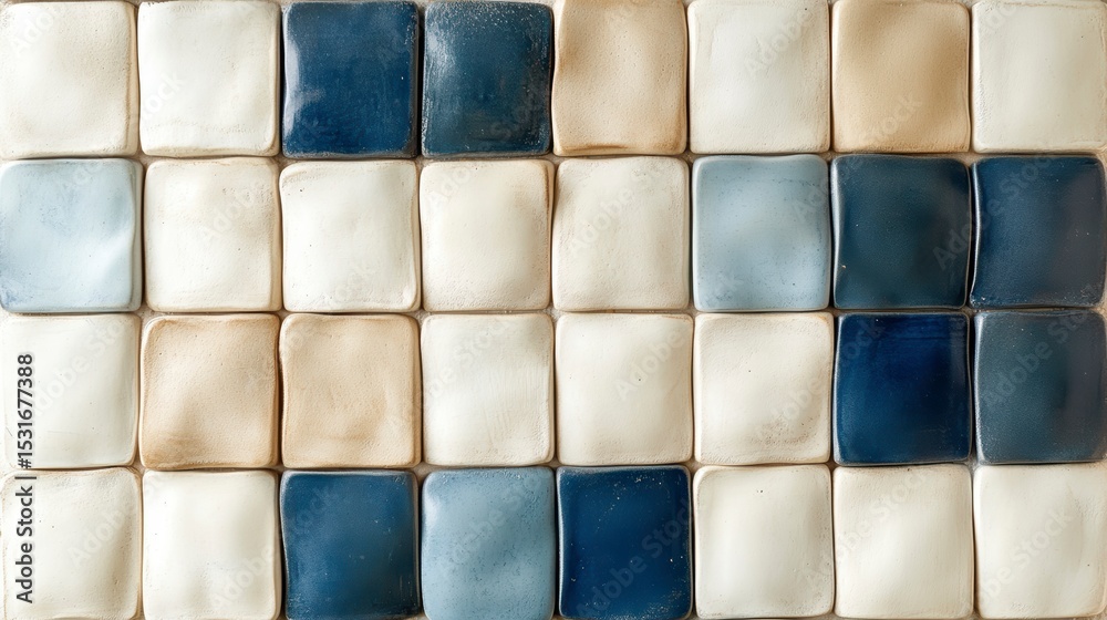 Poster close-up of textured square tiles in blue, beige and white, arranged in a pattern.