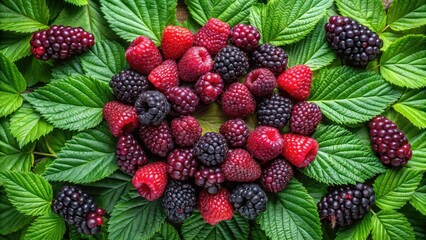 A vibrant arrangement of ripe raspberries and blackberries nestled amongst lush green foliage creates a captivating display of summer's bounty.