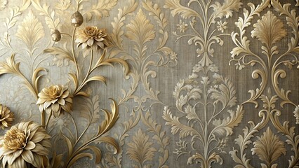 Elegant Gold Floral Damask Wall Covering Featuring Intricate Carvings and a Luxurious Texture