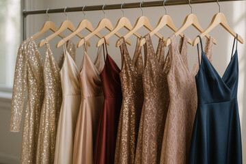 Elegant satin sequin and lace evening dresses hanging on wooden hangers arranged neatly in sunlit fashion studio interior