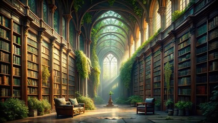 Serene Enchantment A Sunlit Hall of Ancient Books, Overgrown with Lush Greenery, Offering Tranquil Contemplation