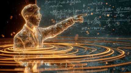 Glowing Teacher Figure Pointing in Liquid Glass Scene