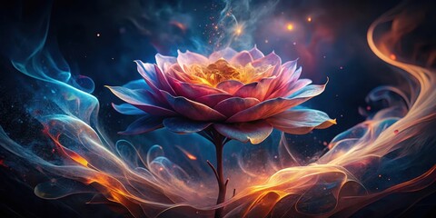 A luminous blossom, ablaze with inner fire, gracefully emerges from swirling, ethereal smoke and light