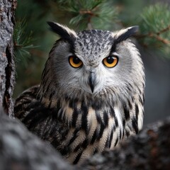 Obraz premium A large owl with yellow eyes is sitting in a tree